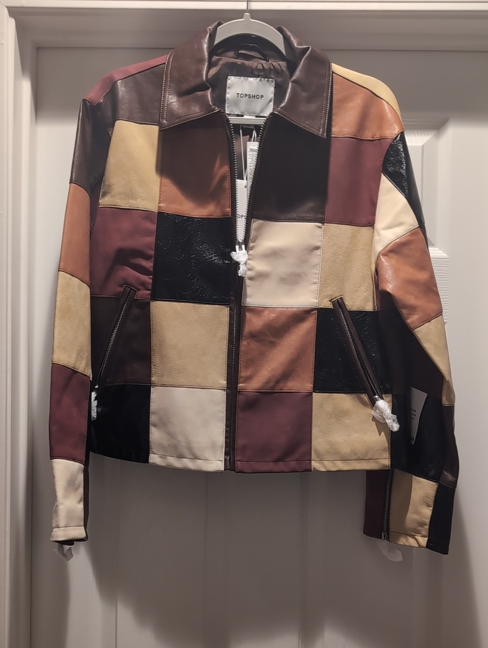 Topshop Patchwork Faux Leather Oversized Jacket in Brown, Tan, Cream & Black